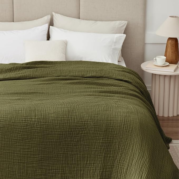 100% Cotton Muslin Blanket Large 50" x 70", Breathable and Lightweight Cotton Throw Blankets for Bed and Couch, Soft Cooling Summer Gauze Blanket for Adults All Season, Olive Green