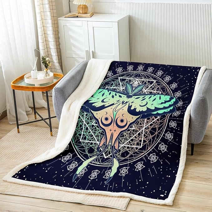 Fantasy Fleece Blanket - Hawk Moth Luna Sacred Starry Sky Gradient Green Orange Throw, Decorative Sofa Sherpa, Baby 30"x40", Blue