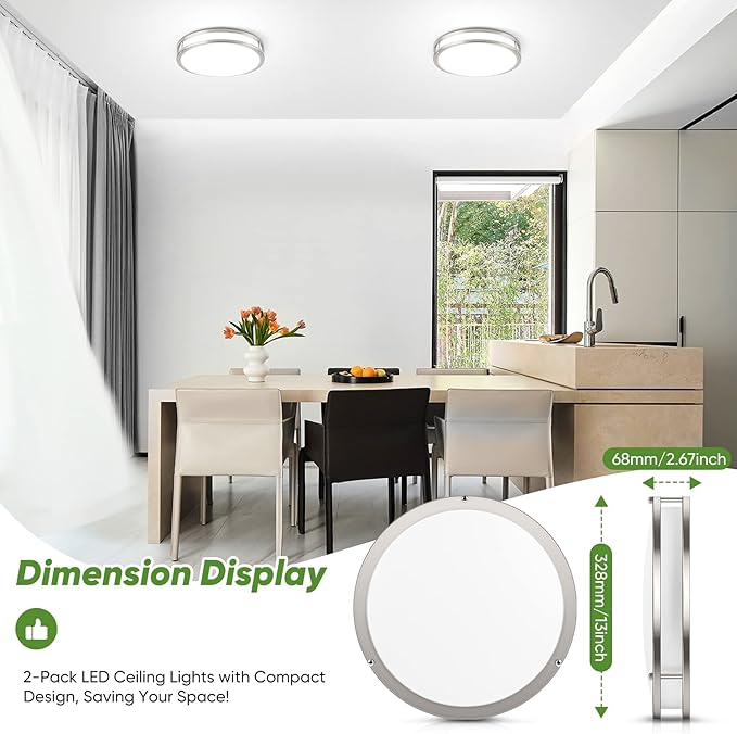 36W 3600lm Super Bright LED Light Fixtures, 2PACK Modern Flush Mount Ceiling Lights Daylight White 5000K, 13 Inch Dimmable Lamps for Kitchen Bathroom Hallway Bedroom, Brushed Nickle