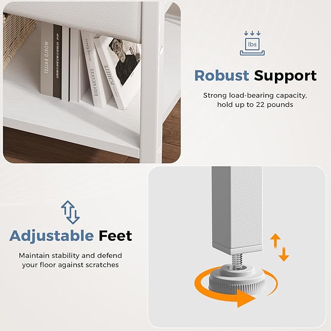 DUMOS Nightstand Set of 2 with Wireless Charging Station,Bedside Tables with Adjustable Fabric Drawers,3-Tier Storage End Tables with Open Shelf, Modern Small NightStands for Bedroom Furniture,White
