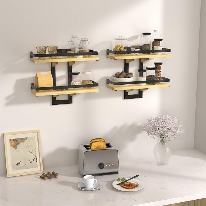 Floating Shelves for Wall, 2-Tier Wood Hanging Decor Storage Shelves, Wall Mounted Floating Shelf for Living Room, Bedroom, Bathroom, Kitchen, Office, Study (2-Pack Wood)