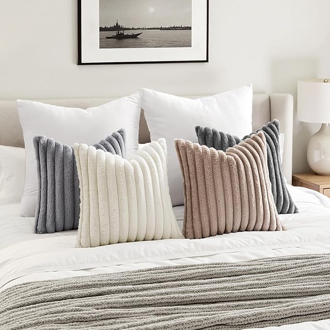 MIULEE Faux Fur Plush Decorative Throw Pillow Covers 18x18 Set of 4, Boho Farmhouse Soft Fuzzy Striped Cushion Covers for Sofa Couch Bed Living Room Vintage Rustic Home Decor,Grey Taupe