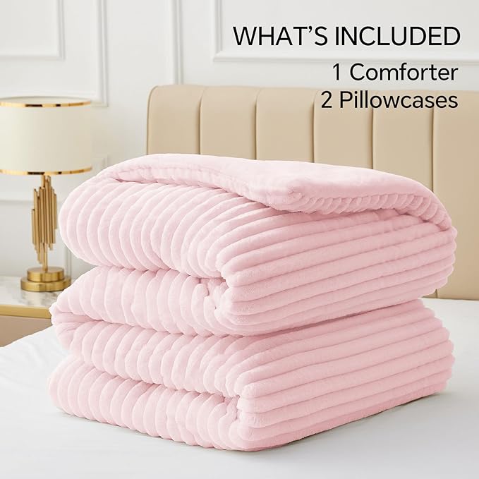 BEDELITE Fleece Queen Comforter Set -Super Soft & Warm Fluffy Cherry Blossom Bedding, Luxury Fuzzy Heavy Bed Set for Winter with 2 Pillow Cases