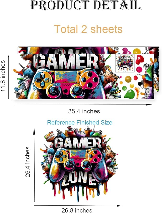 Large 3D Graffiti Gamer Zone Wall Decals (26.8”x26.4”), Watercolor Video Gaming Vinyl Wall Stickers for Game Lover, Removable Video Game Artwork for Boys Playroom Bedroom Decor