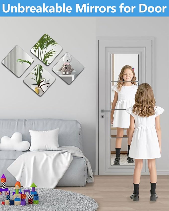 Unbreakable Mirror Tiles Self Adhesive,4 PCS 14”x12” Toddler Mirror For Classroom Decor, Peel And Stick On Small Mirrors For Wall Decor, Shatterproof Plastic Mirrors Stickers for Kids Decorative