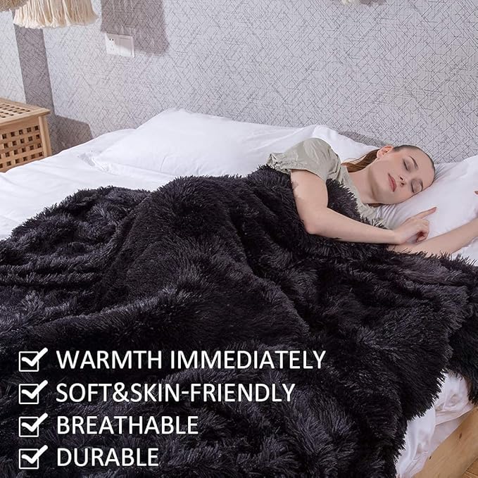 YUSOKI Long Faux Fur Twin Size Blanket,2 Layers,3.4lb for Bed Couch Home Décor Gifts Men (Black,60" x 80")