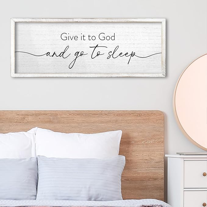 TQianJiang Give It To God And Go To Sleep Wall Decor Sign 24"X10" for Master Bedroom Above Bed Large Wood Framed Wall Art Hanging (White)