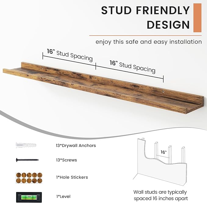 Floating Picture Ledge Shelves Set of 4, 48 Inch Shelves with Lip - Large Nursery Book Shelf for Toys Storage, Kids Bookshelf, Living Room, Bedroom Decor Frames