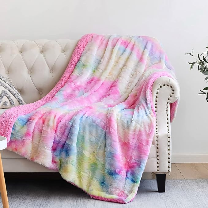 NEWCOSPLAY Super Soft Faux Fur Throw Blanket for Couch Light Rainbow Sherpa Fuzzy Plush Warm Blanket for Sofa Bed (Light Rainbow, Throw(50"x60"))