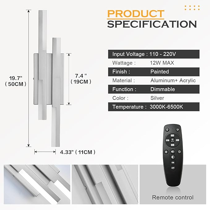 Modern LED Wall Sconce Silver Remote Wall Light Fixtures for Bathroom, Dimmable Vanity Light Indoor LED Remote Wall Sconce for Bedside Bedroom Living Dining Room (1 Pack 3000-6500K 19.7inch)