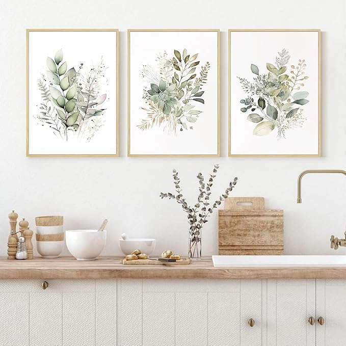 Joocrise Watercolor Botanical Wall Art Set of 3 Boho Floral Canvas Wall Decor Prints Sage Green Wildflower Wall Art Modern Flower Pictures Botanical Painting for Bedroom Bathroom 16x24 Inch Framed