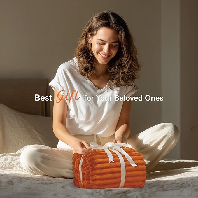 INFIIXSO Sherpa Fleece Queen Size Blanket - Super Soft & Warm Striped Fleece, Cozy Plush Fluffy Large Bed Blanket All Season Use (Burnt Orange, 90x90 Inches)