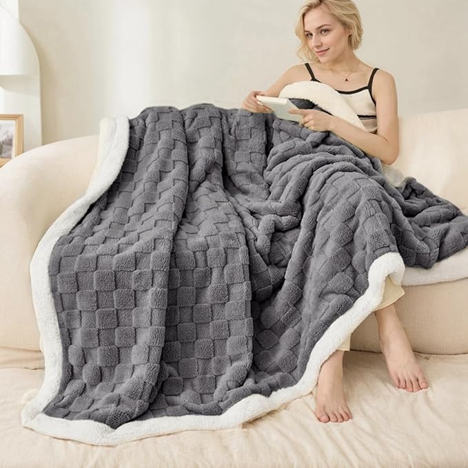 Sherpa Throw Blanket for Couch, Flannel Cozy Soft Thick Blanket for Bed - Fleece, Grey, 60x80 Inches