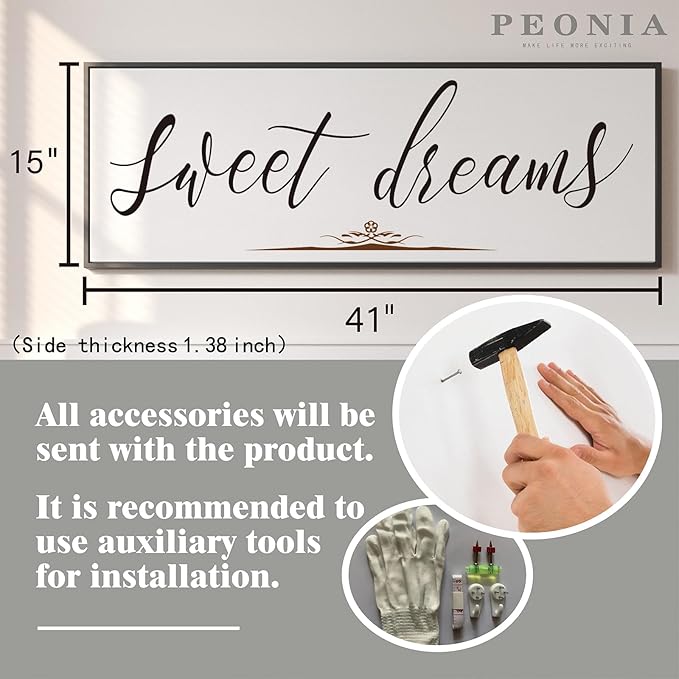 PEONIA 41" x 15" Sweet Dreams Above The Bed Wall Decor - Aesthetic And Minimalist Sweet Dreams Large Above Bed For Bedroom Wall Art Decor Canvas Signs With Soft Colors, Delicate Details (Black)