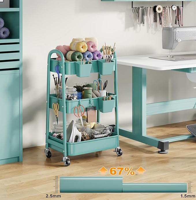 Green 3 Tier Rolling Cart Metal with Lockable Wheels, Three Tiered Craft Cart Organizer on wheels, Utility Storage Carts for Art, Baby Supplies, Diaper Caddy, Snack, Pantry, Nail, Lash, Cleaning