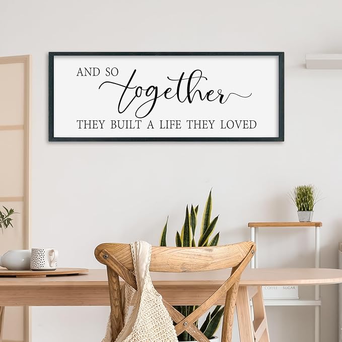 SRSZHIYUE And So Together They Built A Life They Loved Family Quotes Wall Decor 32"×12" Modern Minimalist Wedding Rustic Above Bed Bedroom Sign Large Wood Framed Wall Hanging (Black)