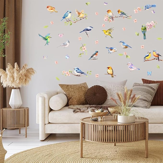 HLNIUC Branches Flowers Birds Wall Sticker 35”x12”DIY Spring Floral Window Clings Hummingbird on the Tree Branch Wall Decal Large Pink Cherry Blossom Removable Art Stickers for Living Room Kids Room