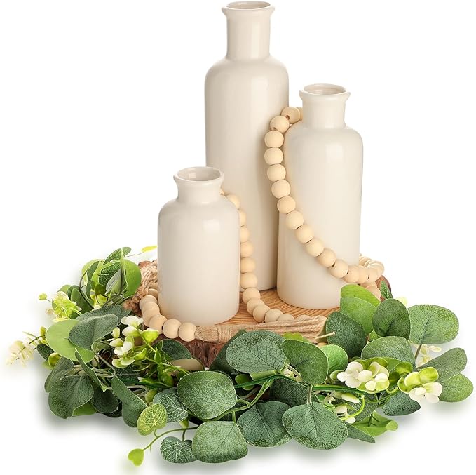 Geelin 6 Pcs Boho Rustic Table Centerpieces, 3 Modern Ceramic Vases, Wooden Slice Tray, Farmhouse Wood Beads Garland with Tassel, Artificial Vines for Dining Home Table Decor(White)