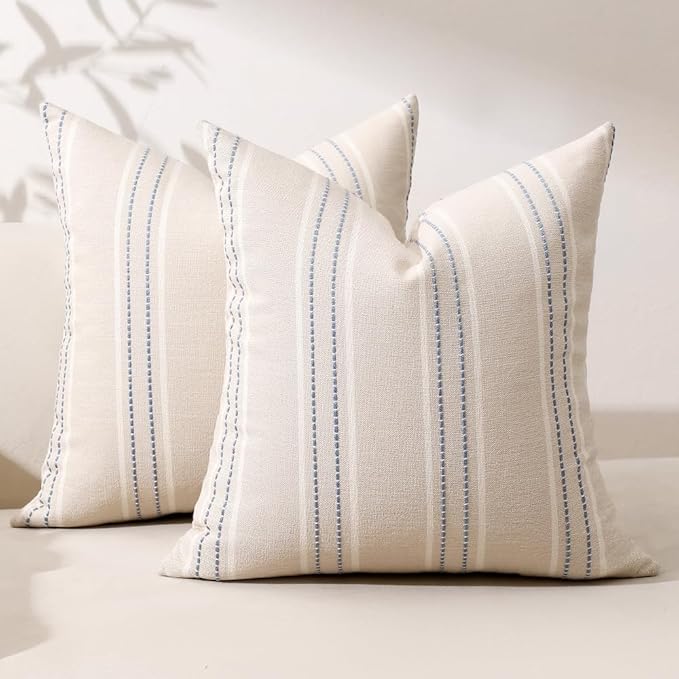Hckot Throw Pillow Covers 18x18 Set of 2 Blue Pillow Covers Farmhouse Decorative Pillows Textured Linen Square Cushion Covers for Sofa Couch Bed Living Room Decor(Dusty Blue)
