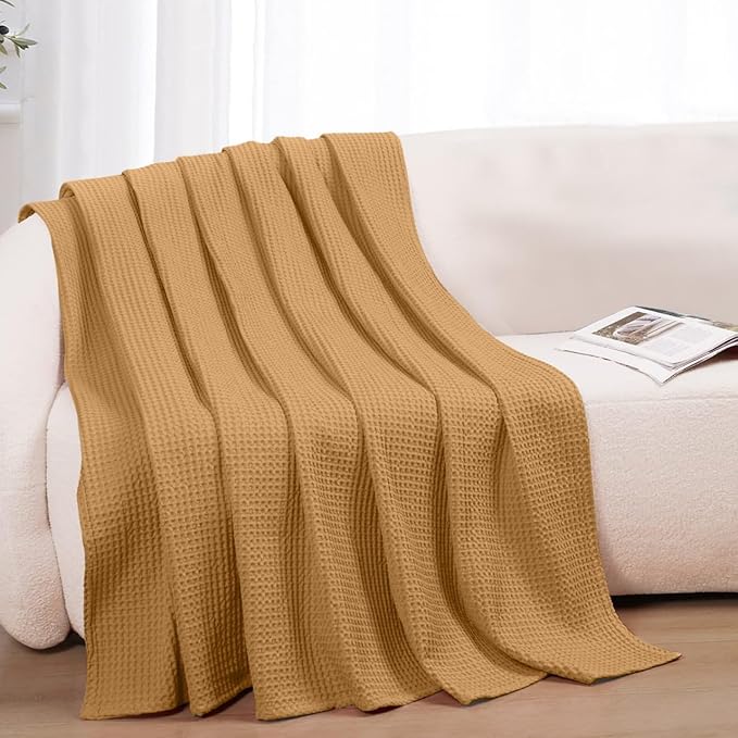 100% Cotton Blankets for Bed - Waffle Weave Blankets for Summer, Lightweight and Breathable Soft Woven Blanket for Spring (Orange, Queen (90" x 90"))