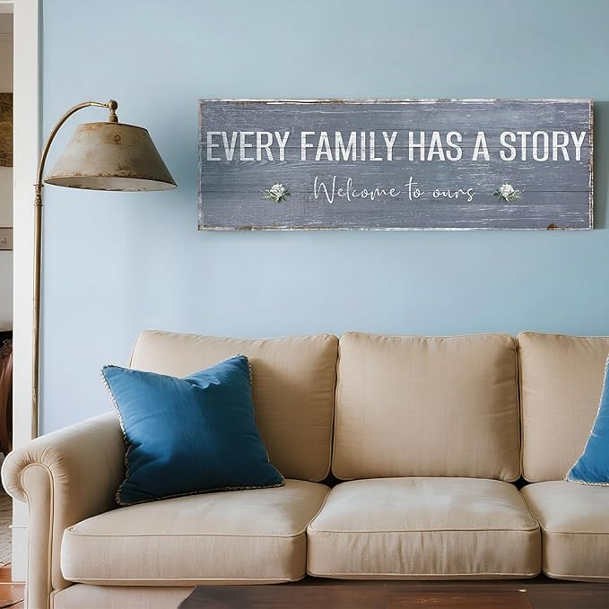 Farmhouse Inspirational Wall Art Every Family Has A Story Quote Saying Wall Plaque Sign Vintage Family Decorative Signs Home Decor Canvas Print Art for Bedroom, Living Room, Hallway, Entryway 12"x36"