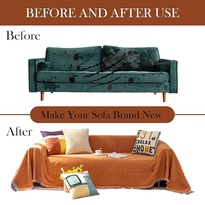 HANDONTIME Brunt Orange Sofa Cover Couch Covers for Sofa Washable Loveseat Covers Soft Chenille Couch Cover for Dogs Solid Caramel Couch Covers for 3 Cushion Couch Sofa Pet Friendly, 71" X118"