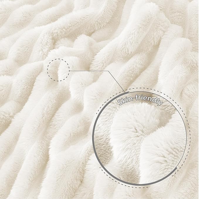 Exclusivo Mezcla Queen Size Flannel Fleece Blanket, Super Soft Striped Jacquard Bed Blanket, Lightweight Fuzzy Cozy for All Seasons, 90x90 Inches, Ivory