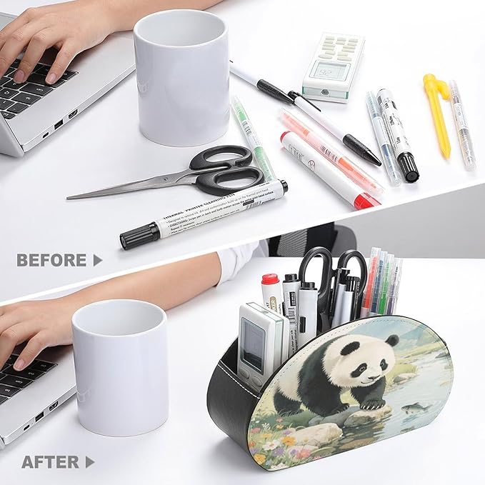 Panda Playful Fish Remote Control Holder Organizer Box with 5 Compartment PU Leather Bedside Storage Caddy Remote Organizer for Controller Media Player Pen/Pencil Storage