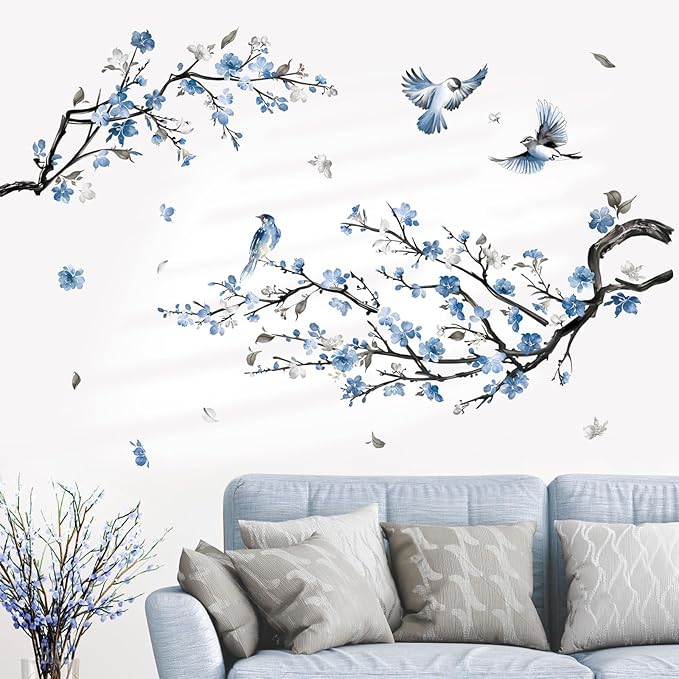 decalmile Watercolor Blue Flower Branch Wall Decals Blossom Tree Branch Floral Wall Stickers Bedroom Living Room Sofa TV Background Wall Décor