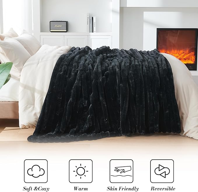 Lotus Karen Faux Fur Throw Blanket - Stripe Faux Rabbit Fur Blanket for Couch, Cozy Soft Fluffy Fuzzy Blanket, Warm Thick Furry Plush Shaggy Small Blankets for Women, Black,50x60 Inches