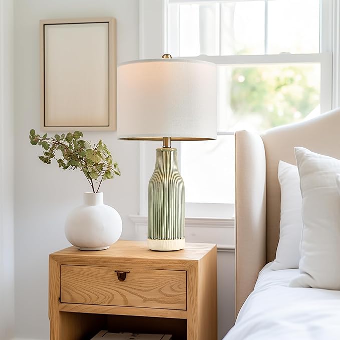 23.75" Modern Green Ceramic Table Lamp Set of 2 for Living Room, Farmhouse Bedside Nightstand Lamp for Bedroom Home Office Dorm