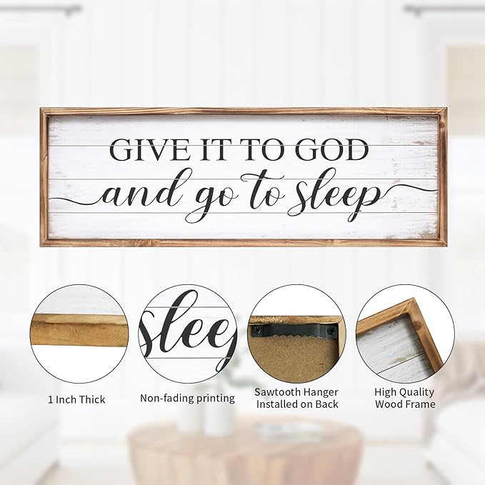 Give It to God and Go to Sleep Sign 42''×15'' Large Above Bed Wall Decor Farmhouse Bedroom Decor Wood Guest Room Decor Framed Wall Art Rustic Master Bedroom Wall Decoration