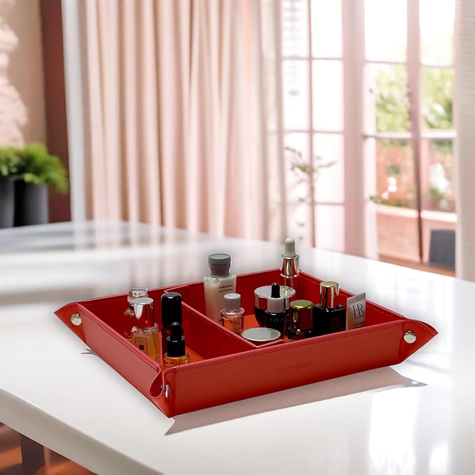 UnionBasic Medium Valet Tray, Jewelry Tray for Rings Watches Earrings, Entryway Catchall Caddy for Coins Keys Change, Nightstand Bedside Valet Holder, Trays for Electronic Gadgets, Red Plus