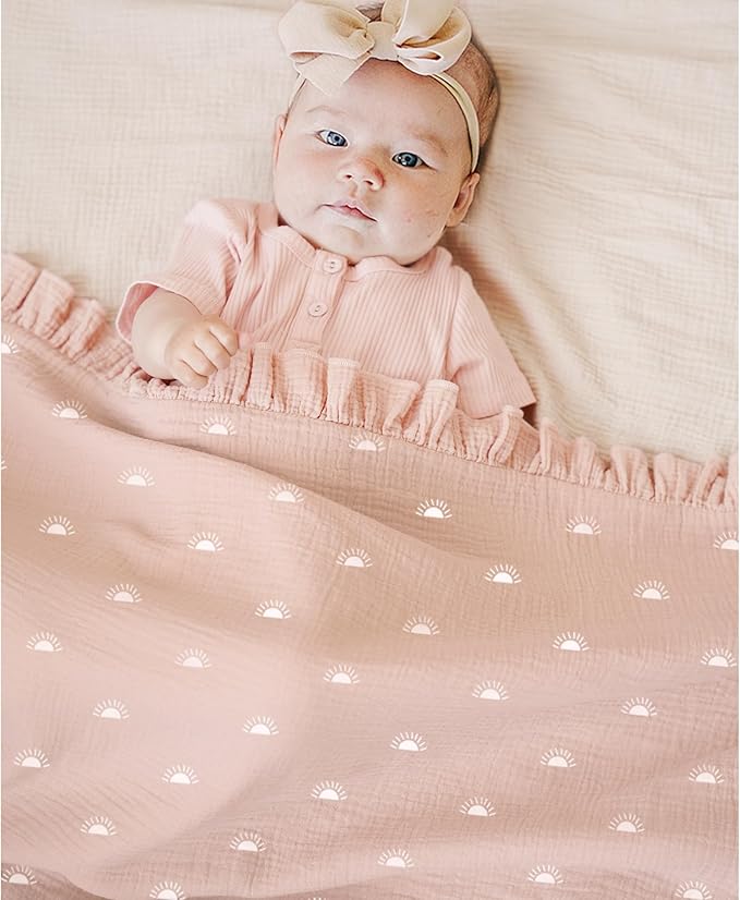 Konssy Flounce Muslin Baby Blanket for Girls Boys, 100% Cotton Soft Crib Swaddle Blankets, Reversible & Breathable Nursery Bedding for Newborns Toddlers, 40 x 36 Inches (Sun)