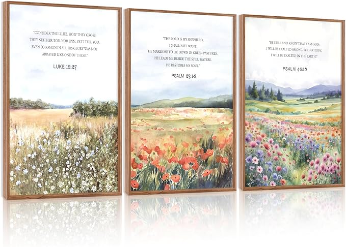 CHDITB Biblical Verses Floral Framed Canvas Wall Art Set Of 3, Inspirational Wall Decor, Scripture Inspired Landscape Painting, Nature Flower Art Prints For Living Room Bedroom Decor (12X16 Inch)