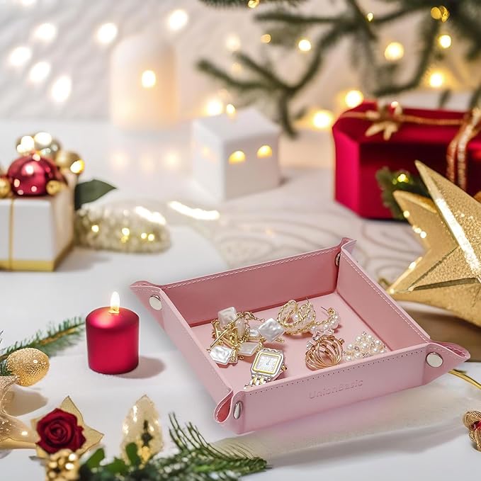 UnionBasic Small Valet Tray, Jewelry Tray for Rings Watches Earrings, Entryway Catchall Caddy for Coins Keys Change, Nightstand Bedside Valet Holder, Trays for Electronic Gadgets, Candy Pink