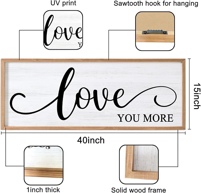 Love You More Decorative Rustic Sign & Plaque Framed Wall Art for Couples, 40''×15'' Vintage Cottagecore Wooden Horizontal Love Quote Home Decor Above Bed for Living Room, Farmhouse Wedding Gift