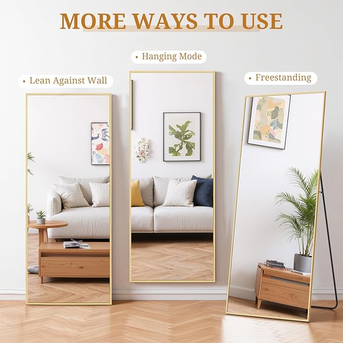 Full Length Mirror 65"x24" Full Body Mirror Rectangle Free Standing Wall Mounted Leaning Floor Mirrors with Stand Aluminum Alloy Frame for Bedroom Cloakroom, Gold
