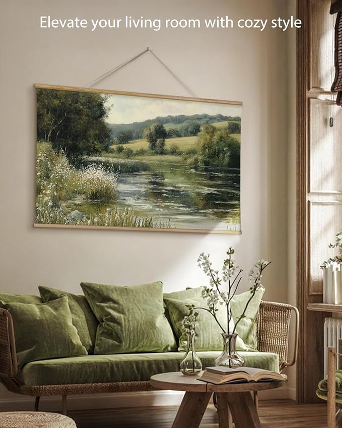 ARPEOTCY Extra Large Vintage Framed Wall Art, 36x54 Inch River Landscape Hanging Framed Canvas Prints Scroll Wall Art Decor for Living Room Bedroom, Retro Scenery Pictures Above of Bed