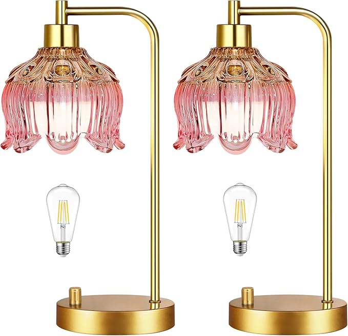 Pink Table Lamp Set of 2,Small Gold Bedside Lamps Dimmable Boho Bedroom Lamp with Tulip Flower Glass Lamp Shade,Vintage Mid Century Modern Mini Nightstand Lamp for Bedroom Living Room