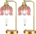Pink Table Lamp Set of 2,Small Gold Bedside Lamps Dimmable Boho Bedroom Lamp with Tulip Flower Glass Lamp Shade,Vintage Mid Century Modern Mini Nightstand Lamp for Bedroom Living Room