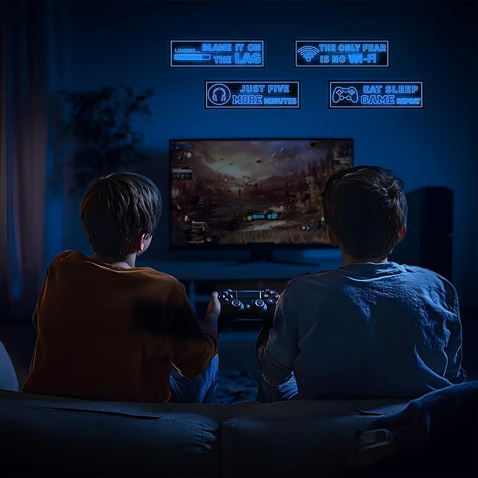 Eat Sleep Game Wall Decals Glow in The Dark, Gamer Controller Stickers Decor for Boy Bedroom, Joystick Video Gaming Kids Playroom Nursery Decoration (Blue)