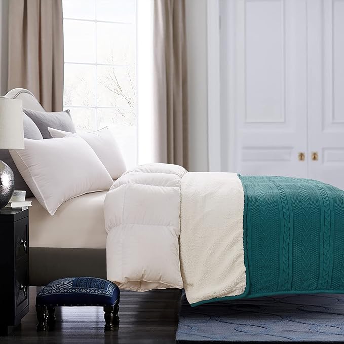 Longhui bedding Lake Blue Acrylic Cable Knit Sherpa Throw Blanket - Thick, Soft, Big, Cozy Lake Blue Knitted Fleece Blankets for Couch, Sofa, Bed - 50 x 63 Inches