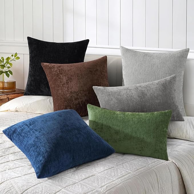 decorUhome Chenille Dark Grey Throw Pillow Covers 22x22 Inch Set of 2, Decorative Soft Couch Pillow Covers Solid Dyed Accent Velvet Farmhouse Neutral Square Pillow Cases for Sofa Bed Living Room