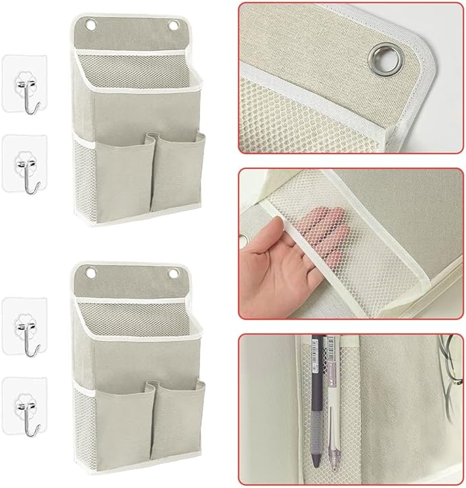 Wall Hanging Storage Bag, 2Pcs 5 Pocket Hanging Storage Bag Bedside Caddy Organizer for Bed for Bunk Bed Dorm Room Hospital, Holds Phone Glasses Book Remote, Fits Bed Rail Headboard, Grey