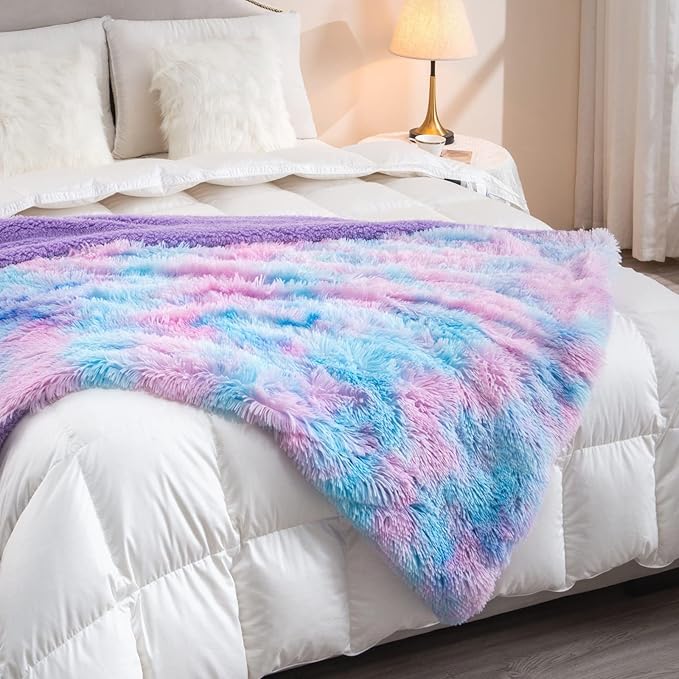 DANGTOP Faux Fur Throw Blanket, Tie Dye Fluffy Blanket, Super Soft Purple Blanket for Girls, Luxury Cozy Warm Plush Thick Sherpa Throws for Bed Couch Living Room (Purple, 59x79 inches)