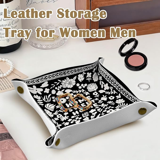 House Warming Gifts Leather Jewelry Valet Tray, New House Gifts, Home Sweet Home PU Leather Catchall Beside Caddy Nightstand Organizer Tray for Jewelry Rings Watches Keys, 7.8x7.8inch