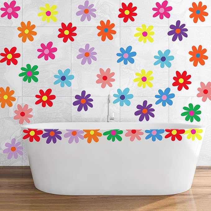 BBTO Daisy Wall Decal Flower Vinyl Wall Decals Daisy Stickers Floral Decals Peel and Stick for Nursery Art Bedroom Living Room(Simple Style,Rainbow Color)