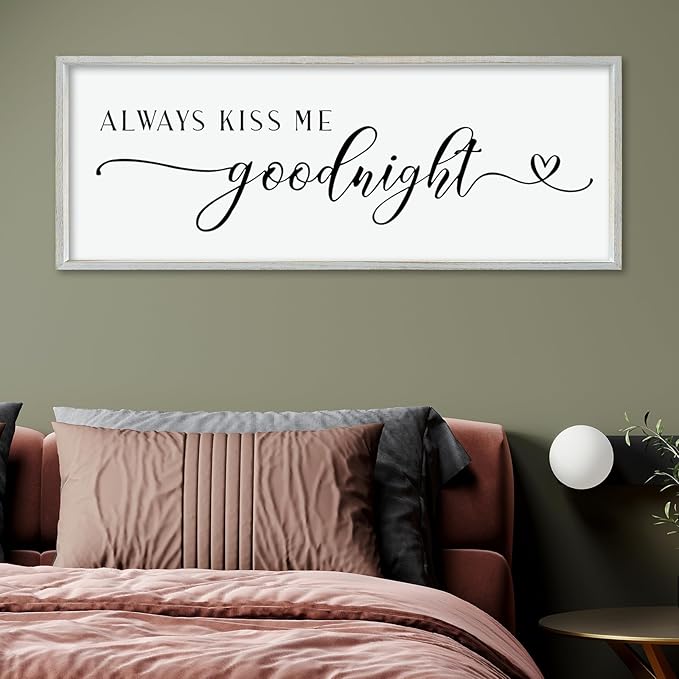 comurdyo Romantic Couple Always Kiss Me Goodnight Sign 40"×15" for Large Modern Rustic Love Theme Master Bedroom Above bed Wood Frame Horizontal Hanging Wall Art Decor (White)