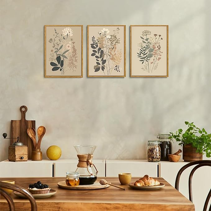 Wodkwq 3 Piece Vintage Floral Canvas Wall Art Framed,Large Wildflower Wall Art,Neutral Farmhouse Botanical Wall Painting,Modern Floral Art Prints For Living Room,Bedroom,Office 16x24in